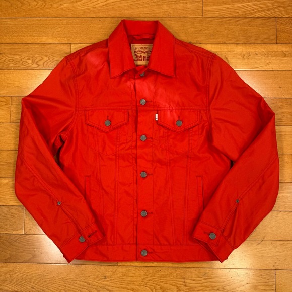 Levis Mens Orange Polyester Trucker Jacket Size Medium Button Up Coat - Picture 1 of 6